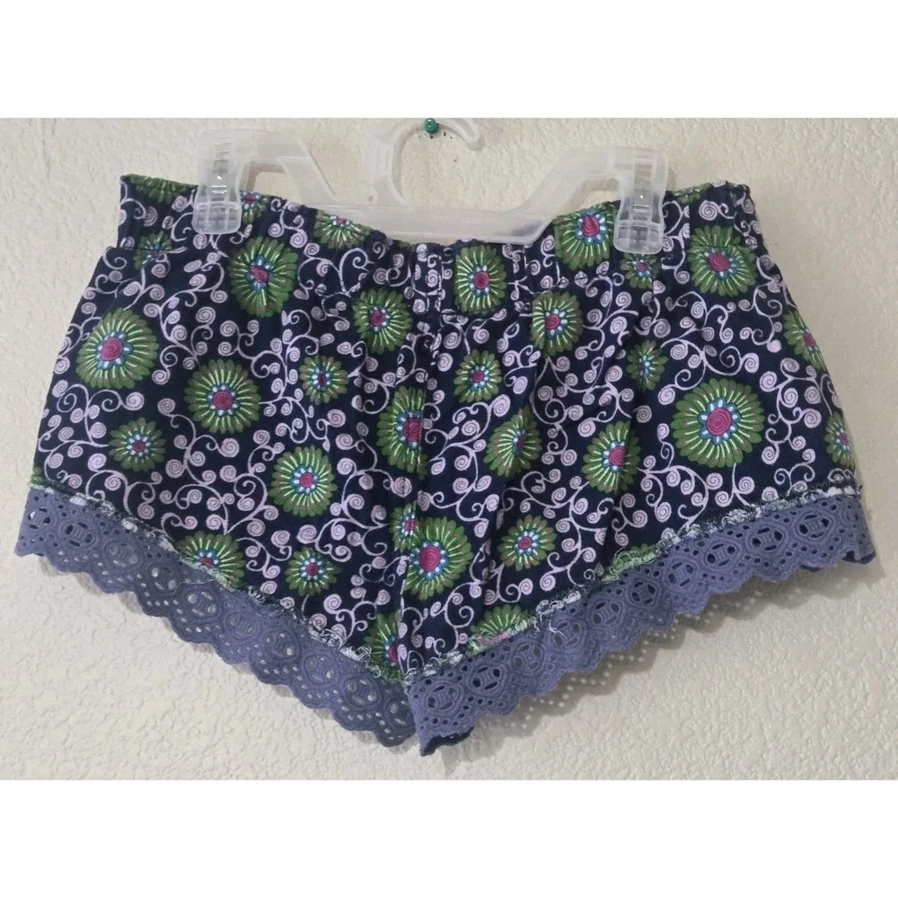 Free People Floral Paisley Green Blue Micro Shorts Eyelet Lace Elastic Band Sz S